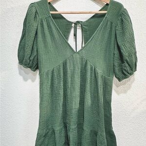 Aemi+Co Womens Mini Dress Short Sleeve Dark Green Back Tie Closure Size Large
